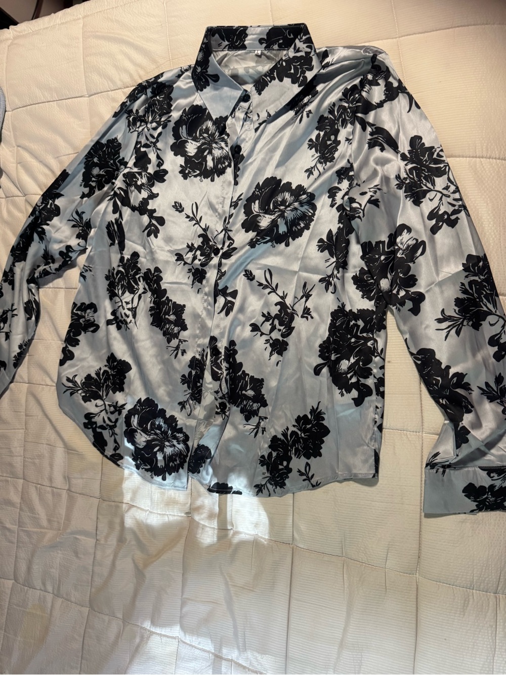 Satin Floral Button-Up Blouse - Light Blue with Black Floral